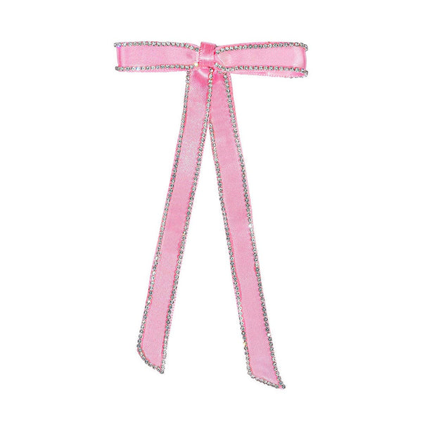 Satin Ribbon Crystal Hair Bow - Pink