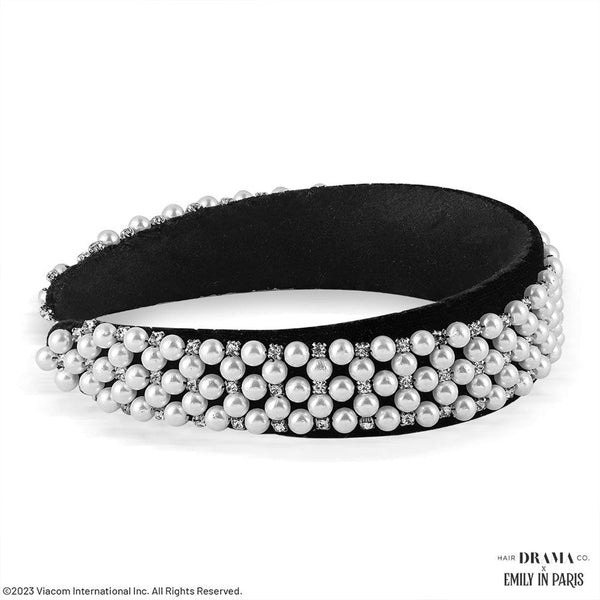 HDC X Emily In Paris Embellished Black Velvet Headband with Pearls & Crystals