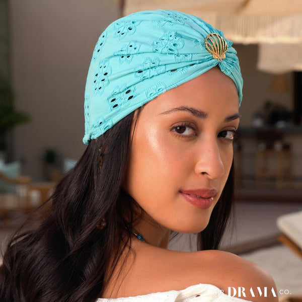 Blue Cutwork Turban with Shell Metal Broach