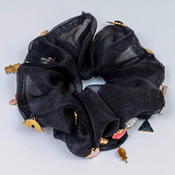 Oversized Organza Scrunchie with Charms - Black