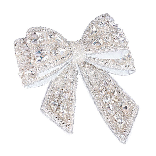 Embellished Crystal Hair Bow Barrette Clip - Silver
