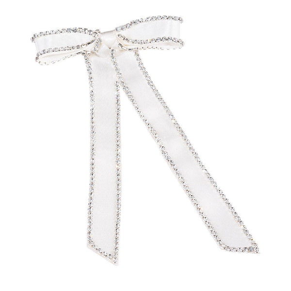 Satin Ribbon Crystal Hair Bow - Off-White