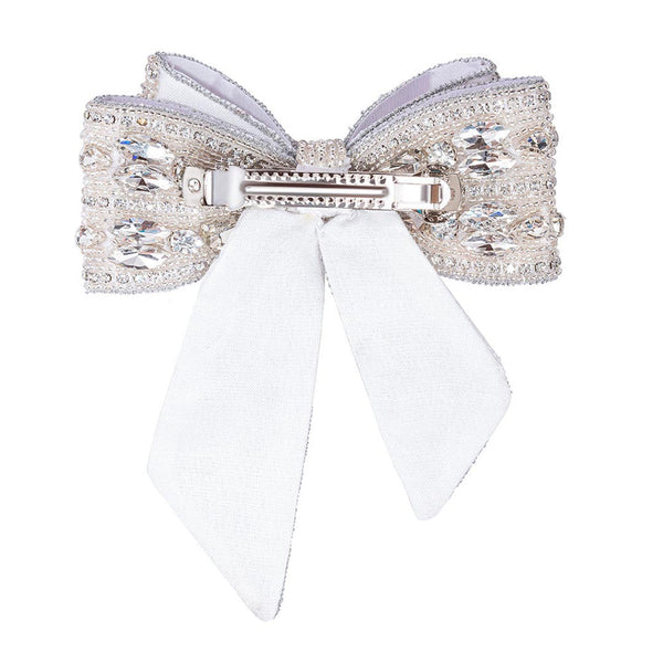 Embellished Crystal Hair Bow Barrette Clip - Silver