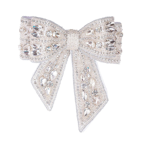 Embellished Crystal Hair Bow Barrette Clip - Silver