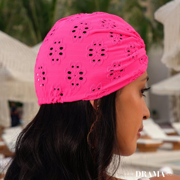 Hot Pink Cutwork Turban with Shell Metal Broach