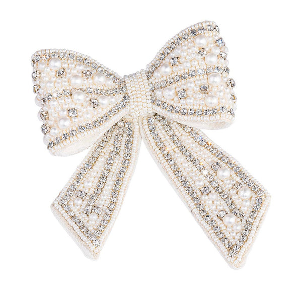 Embellished Crystal & Pearl Hair Bow Barrette Clip - Silver