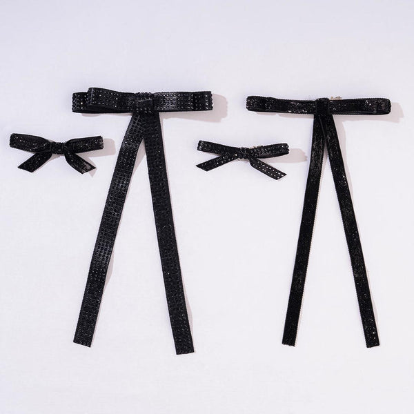 Black Satin Ribbon Crystal & Glitter Hair Bows - Set of 4