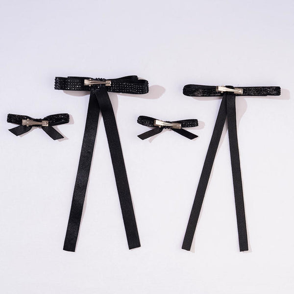 Black Satin Ribbon Crystal & Glitter Hair Bows - Set of 4
