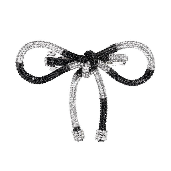 Crystal Hair Bow Barrette Clip - Silver & Black