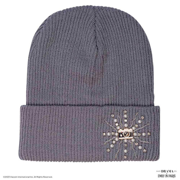 HDC X Emily In Paris Grey Beanie with Pearls, Crystals & Camera Charm