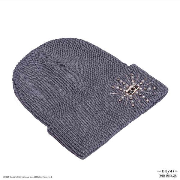 HDC X Emily In Paris Grey Beanie with Pearls, Crystals & Camera Charm