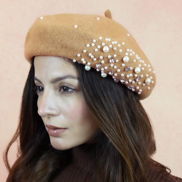 Beret with Pearls & Crystals - Tan