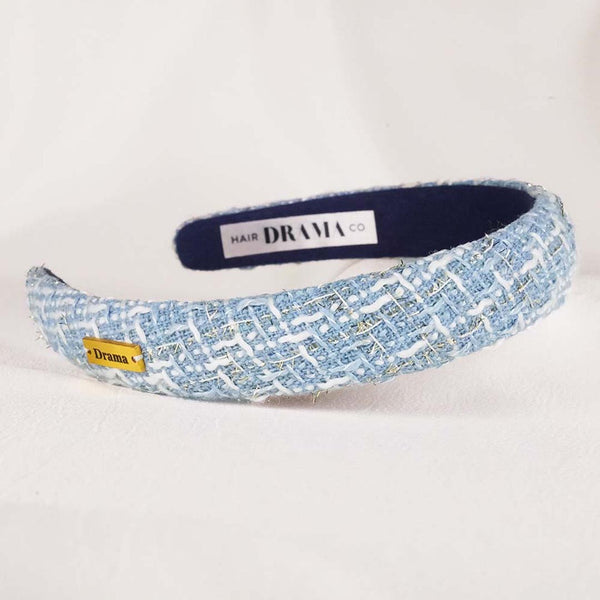 Tweed Puff Hair Band - Blue & White