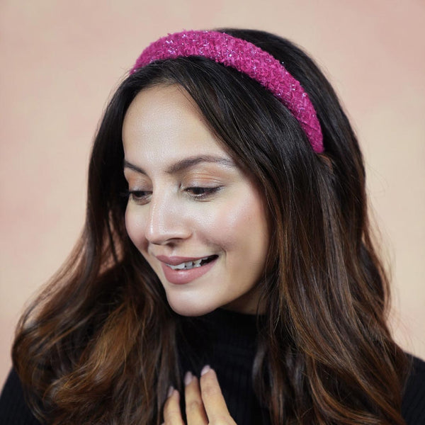 Tweed Puff Hair Band - Hot Pink