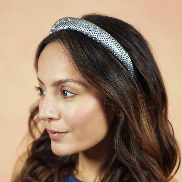 Silk Satin Puff Hair Band with Rhinestones - Grey