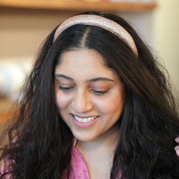 Silk Satin Puff Hair Band with Rhinestones - Champagne