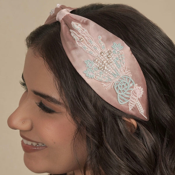 Kaia Embellished Knotted Hair Band - Pink