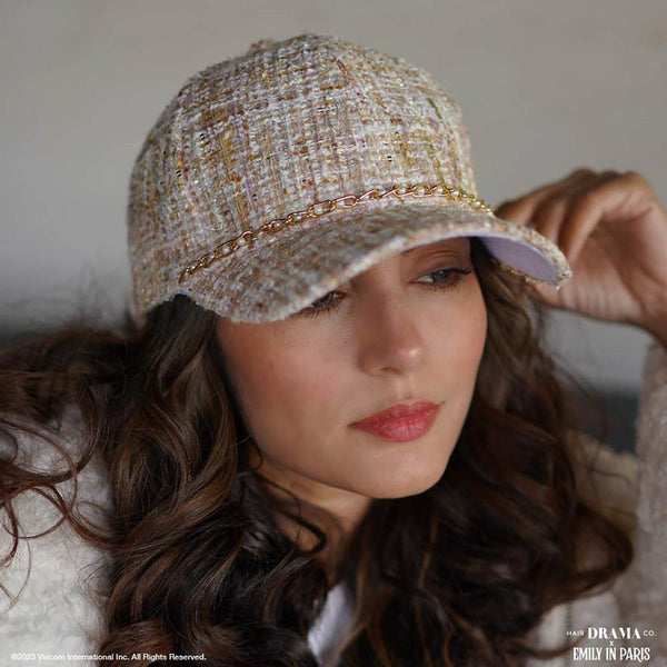 HDC x Emily in Paris Beige Tweed Baseball Cap with Pearl Chain