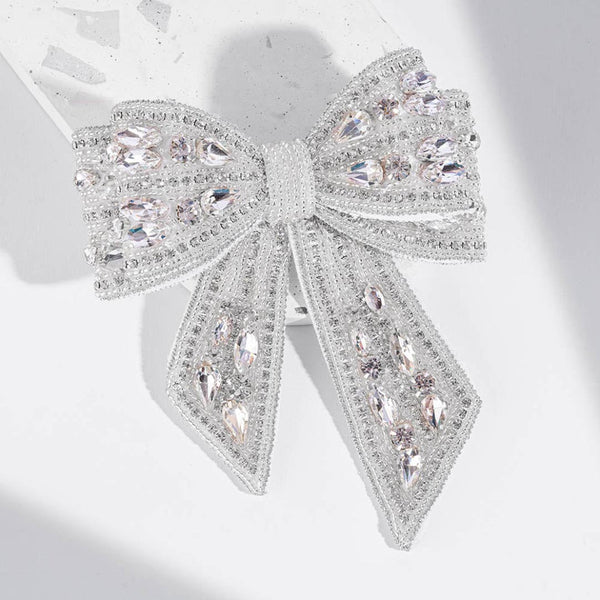 Embellished Crystal Hair Bow Barrette Clip - Silver