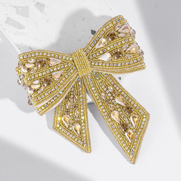 Embellished Crystal Hair Bow Barrette Clip - Golden