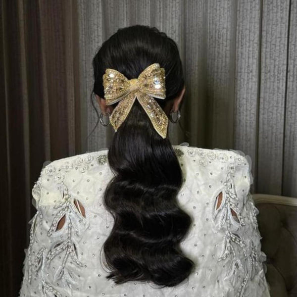 Embellished Crystal Hair Bow Barrette Clip - Golden