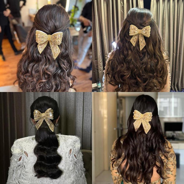 Embellished Crystal Hair Bow Barrette Clip - Golden