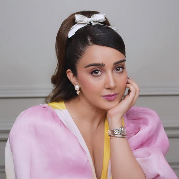 Satin Ribbon Crystal Hair Bow - Off-White
