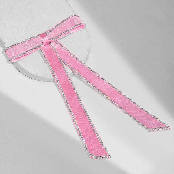Satin Ribbon Crystal Hair Bow - Pink