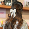 Embellished Crystal & Pearl Hair Bow Barrette Clip - Silver