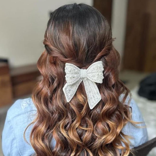 Embellished Crystal & Pearl Hair Bow Barrette Clip - Silver