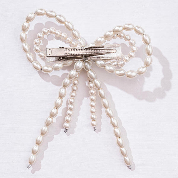 Embellished Pearl Hair Bow Alligator Clip - Off-White