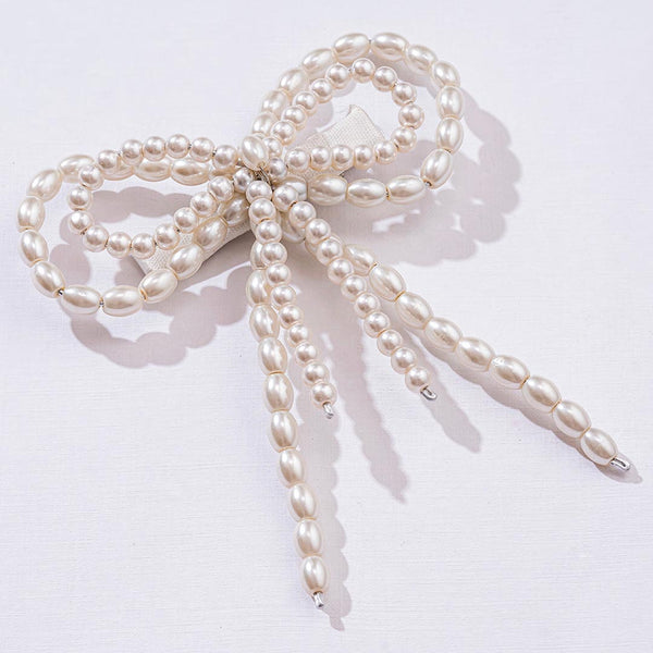 Embellished Pearl Hair Bow Alligator Clip - Off-White