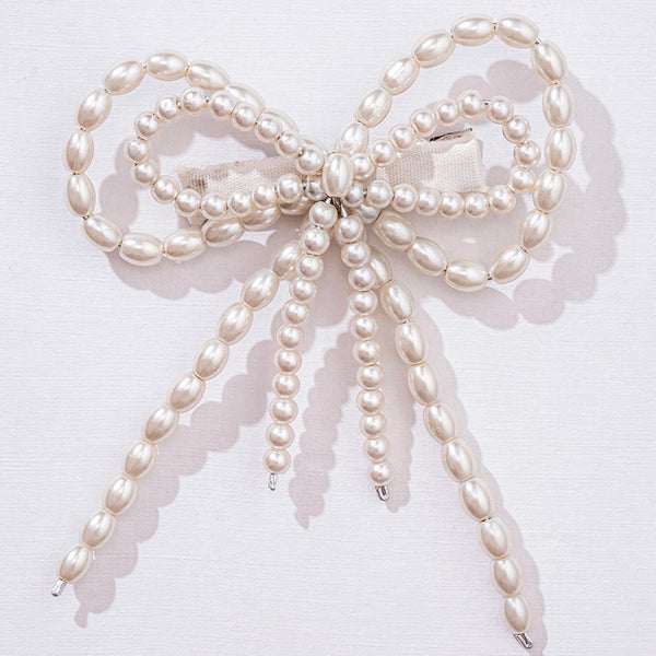 Embellished Pearl Hair Bow Alligator Clip - Off-White