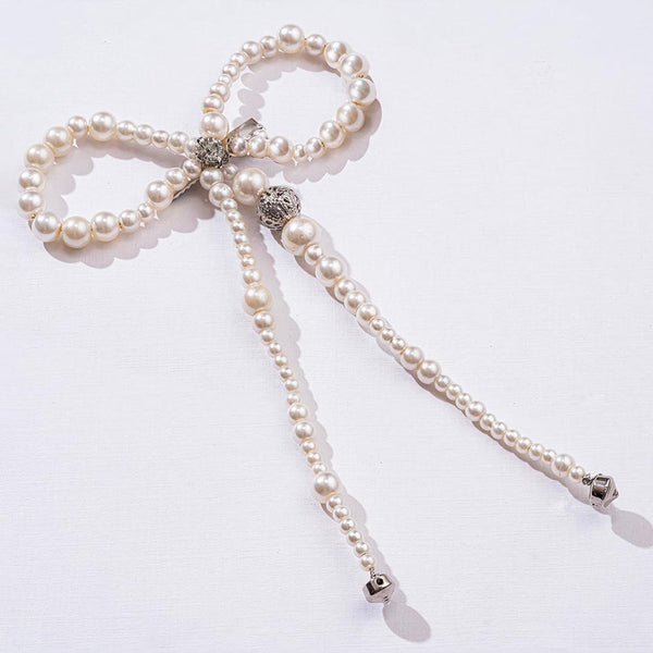 Embellished Pearl Hair Bow Alligator Clip with Silver Stone - Off-White