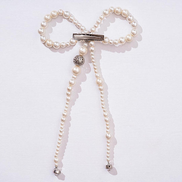 Embellished Pearl Hair Bow Alligator Clip with Silver Stone - Off-White