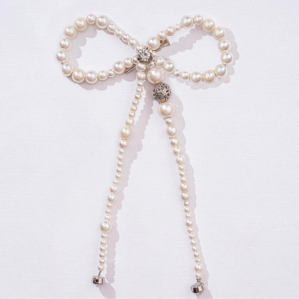 Embellished Pearl Hair Bow Alligator Clip with Silver Stone - Off-White