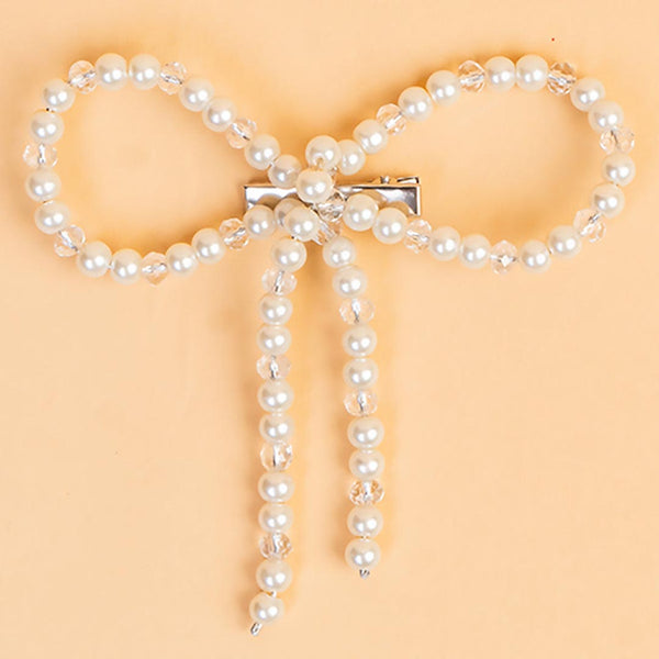 Embellished Pearl & Crystal Beads Hair Bow Alligator Clip - Off-White