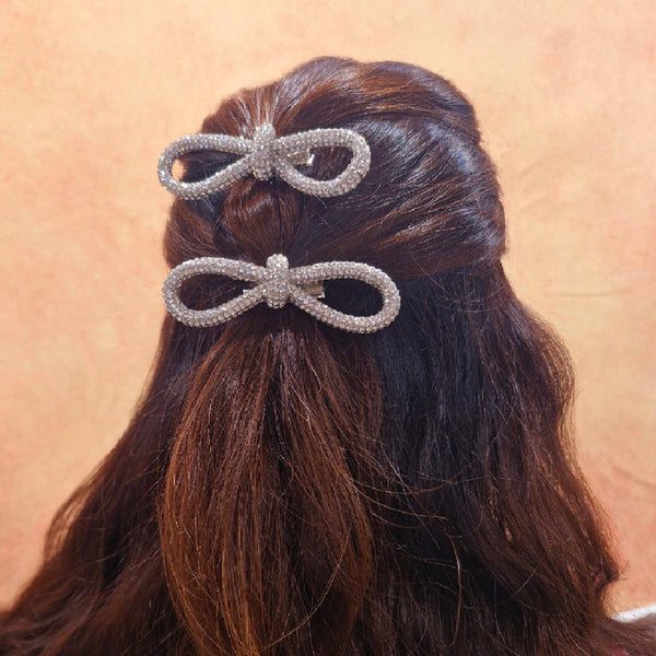 Silver Crystal Hair Bow Alligator Clip - Set of 2