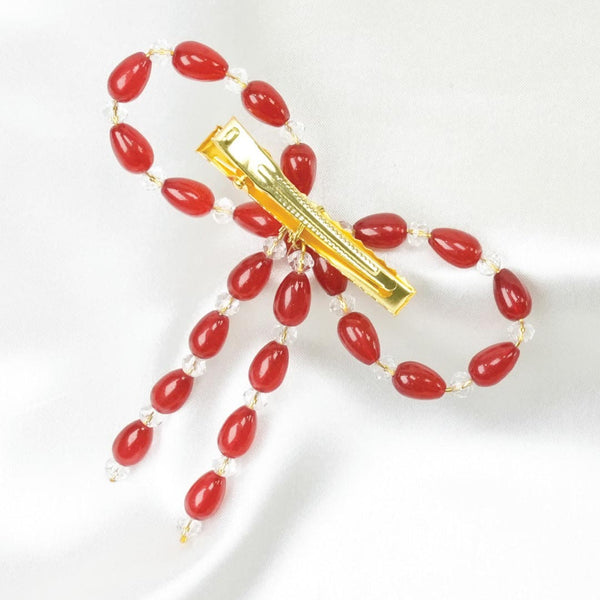 Embellished Pearl & Crystal Beads Hair Bow Alligator Clip - Red