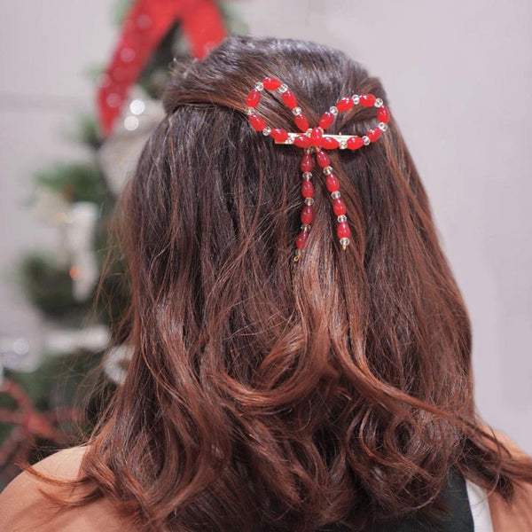 Embellished Pearl & Crystal Beads Hair Bow Alligator Clip - Red