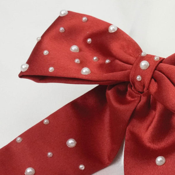 Embellished Pearl Hair Bow Alligator Clip - Red