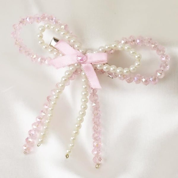 Embellished Crystal & Pearl Hair Bow - Pink & White