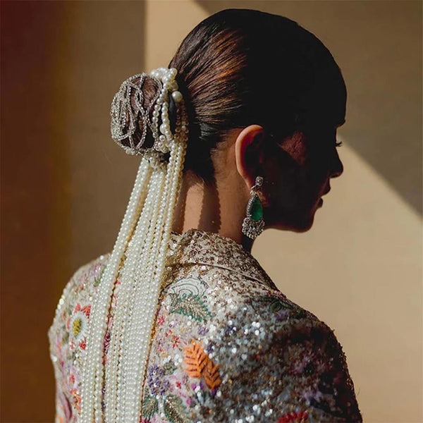 Rose Crystal & Pearl Hair Bun Accessory with Pearl Hangings