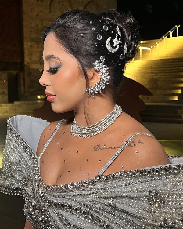 Embellished Star & Moon Hair Pins Set of 4 - Silver