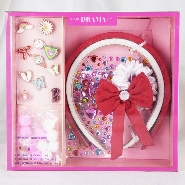 DIY Hair Drama Box with 2 Hair Bands, 1 Scrunchie, 1 Hair Bow, 11 Exclusive Charms, 200+ Crystals & 10 Pom Poms - Red & White