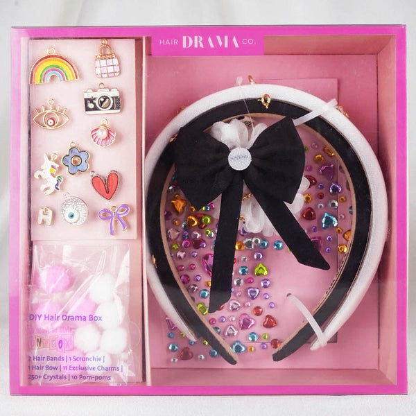 DIY Hair Drama Box with 2 Hair Bands, 1 Scrunchie, 1 Hair Bow, 11 Exclusive Charms, 200+ Crystals & 10 Pom Poms - Black & White