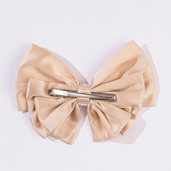 Satin Pearl Hair Bow Alligator Clip - Latte