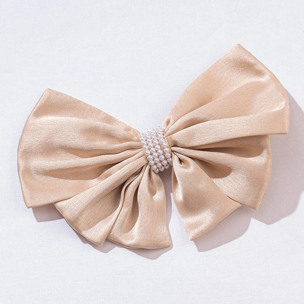 Satin Pearl Hair Bow Alligator Clip - Latte