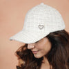 Tweed Baseball Cap with Heart Charm - White