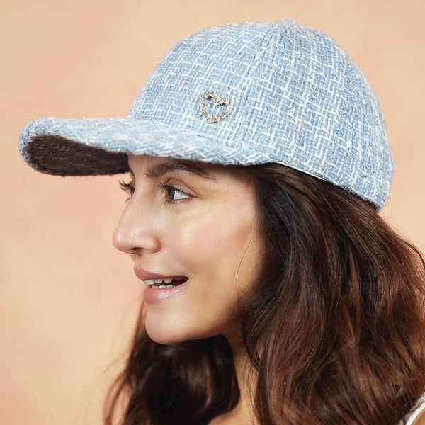 Tweed Baseball Cap with Heart Charm - Blue & White